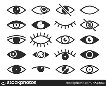 Eye. Vision and view signs, open and closed human eyes, lens or cry, ophthalmologist medicine supervision health eyes. Eyesight silhouette vector isolated symbols set. Eye. Vision and view signs, open and closed human eyes, lens or cry, medicine supervision health eyes. Eyesight vector isolated symbols