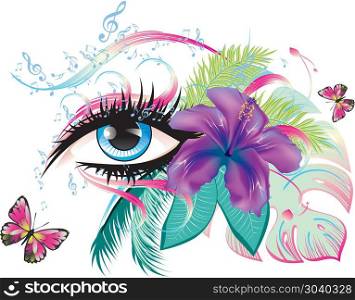 Eye with floral and music notes. Decorative eye with long eyelashes, flowers, musical notes and butterflies.