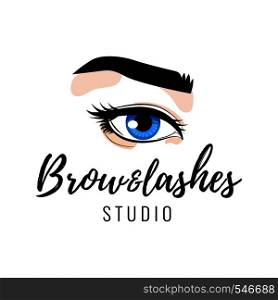 Eyebrow and eyelashes studio logo, beautiful perfect eye makeup design, long black lashes, vector illustration. Eyebrow and eyelashes studio logo, beautiful perfect eye makeup design, long black lashes, vector
