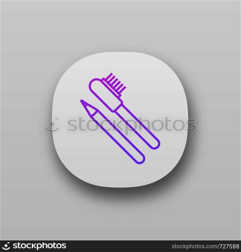 Eyebrow pencils with brush app icon. UI/UX user interface. Makeup pencil. Brows makeup and shaping. Web or mobile application. Vector isolated illustration. Eyebrow pencils with brush app icon