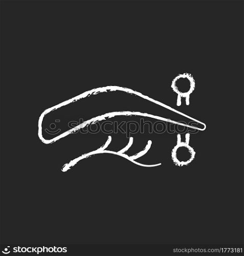 Eyebrow piercing chalk white icon on dark background. Metal needle injected in human eyebrow. Special type of piercing. Human body jewellery. Isolated vector chalkboard illustration on black. Eyebrow piercing chalk white icon on dark background