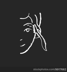 Eyebrow razor chalk white icon on black background. Shaving brows. Removing fine eyebrow, neck and face hairs. Small beauty tool. Reducing unnecessary hairs. Isolated vector chalkboard illustration. Eyebrow razor chalk white icon on black background