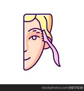 Eyebrow razor RGB color icon. Shaving brows. Removing fine eyebrow, neck and face hairs. Small beauty tool. Reducing unnecessary hairs. Protecting woman sensitive skin. Isolated vector illustration. Eyebrow razor RGB color icon