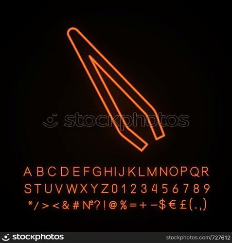 Eyebrow tweezers neon light icon. Cosmetic tweezers. Hair removal tool. Glowing sign with alphabet, numbers and symbols. Vector isolated illustration. Eyebrow tweezers neon light icon