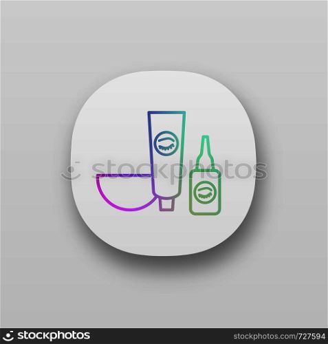 Eyebrows and eyelash dye kit app icon. Bowl, tint and oxidant activator. Brows tinting. Eyebrows makeup products. UI/UX user interface. Web or mobile application. Vector isolated illustration. Eyebrows and eyelash dye kit app icon