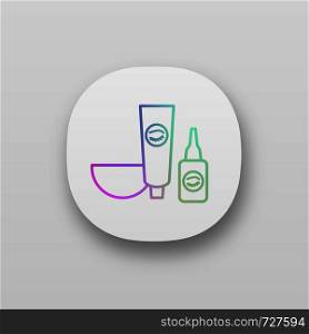 Eyebrows and eyelash dye kit app icon. Bowl, tint and oxidant activator. Brows tinting. Eyebrows makeup products. UI/UX user interface. Web or mobile application. Vector isolated illustration. Eyebrows and eyelash dye kit app icon