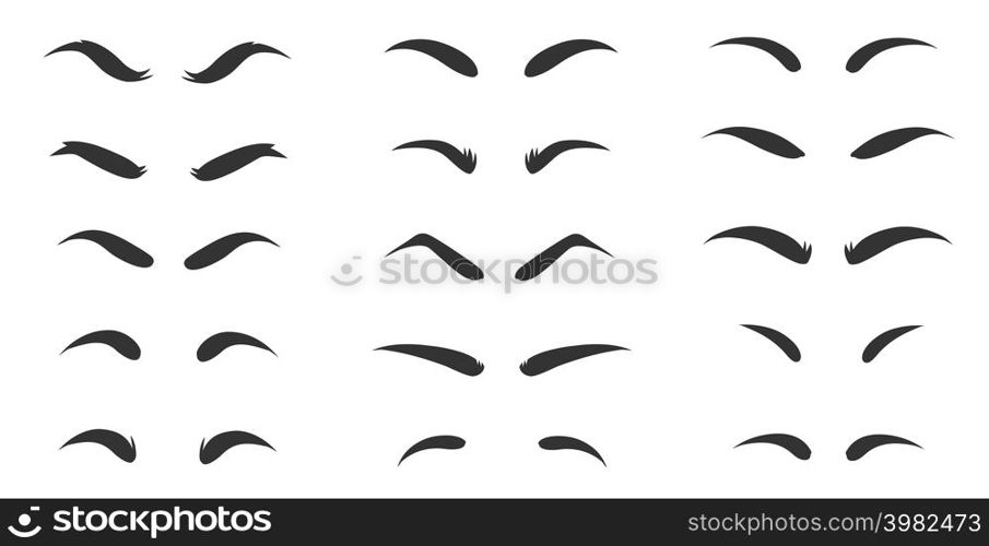 Eyebrows shapes Set. Eyebrow shapes. Various types of eyebrows. Makeup tips. Classic type and different thickness of brows.. Eyebrows shapes Set. Eyebrow shapes. Various types of eyebrows. Makeup tips.