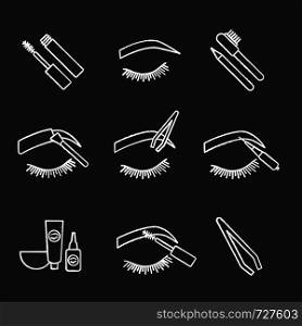 Eyebrows shaping chalk icons set. Dye kit, arched brows, tweezer, microblading, mascara, eyebrow tinting and contouring with pencil and brush. Isolated vector chalkboard illustrations. Eyebrows shaping chalk icons set