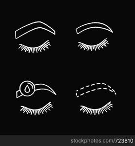 Eyebrows shaping chalk icons set. Steep arched and rounded eyebrows, makeup removal, brows contouring. Isolated vector chalkboard illustrations. Eyebrows shaping chalk icons set