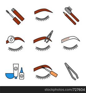 Eyebrows shaping color icons set. Dye kit, arched brows, tweezer, makeup removal, microblading, mascara, eyebrow tinting and contouring with pencil. Isolated vector illustrations. Eyebrows shaping color icons set