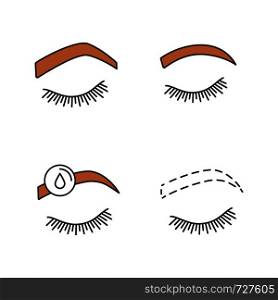 Eyebrows shaping color icons set. Steep arched and rounded eyebrows, makeup removal, brows contouring. Isolated vector illustrations. Eyebrows shaping color icons set