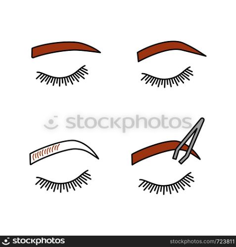 Eyebrows shaping color icons set. Straight and soft arched eyebrows shape, brows microblading, tweezing. Isolated vector illustrations. Eyebrows shaping color icons set