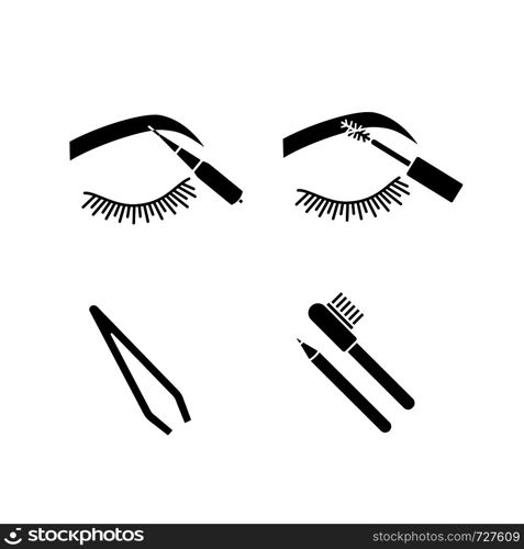 Eyebrows shaping glyph icons set. Brows microblading, mascara, cosmetic tweezer, eyebrows contouring pencil with brush. Silhouette symbols. Vector isolated illustration. Eyebrows shaping glyph icons set