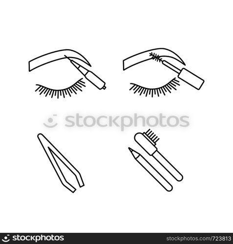 Eyebrows shaping linear icons set. Brows microblading, mascara, cosmetic tweezer, eyebrows contouring pencil and brush. Thin line contour symbols. Isolated vector outline illustration. Editable stroke. Eyebrows shaping linear icons set