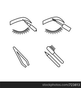 Eyebrows shaping linear icons set. Brows microblading, mascara, cosmetic tweezer, eyebrows contouring pencil and brush. Thin line contour symbols. Isolated vector outline illustration. Editable stroke. Eyebrows shaping linear icons set