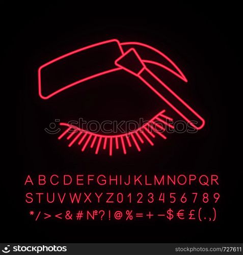 Eyebrows tinting neon light icon. Eyebrows brush. Henna brow tattoo. Brows shaping by dyeing. Pigment application. Glowing sign with alphabet, numbers and symbols. Vector isolated illustration. Eyebrows tinting neon light icon