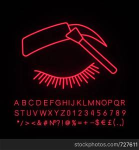 Eyebrows tinting neon light icon. Eyebrows brush. Henna brow tattoo. Brows shaping by dyeing. Pigment application. Glowing sign with alphabet, numbers and symbols. Vector isolated illustration. Eyebrows tinting neon light icon