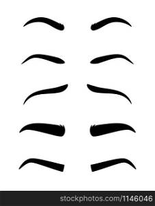 Eyebrows. Vector dark eyebrow model set of different shapes isolated on white background, thick ans arch, angle and thin eyebrows. Eyebrow model set