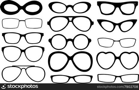 Sunglasses, eyeglasses, geek glasses different model shapes vector ...