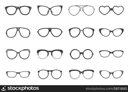 Eyeglasses fashion accessory flat black icons set isolated vector illustration. Eyeglasses Set Flat