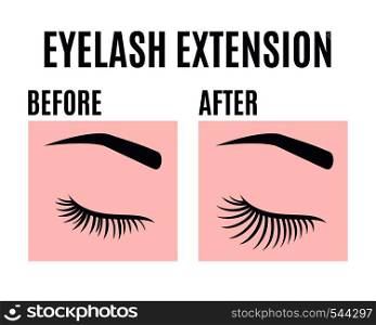Eyelashes extension design before and after the care result. Vector illustration. Vector illustration.. Eyelashes extension design before and after care.