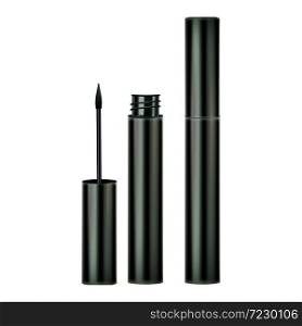 Eyeliner Brush And Container Cosmetics Set Vector. Collection Of Opened And Closed Eyeliner Package, Ink Brow Accessory, Eyes Acrylic Cosmetology Product. Layout Realistic 3d Illustrations. Eyeliner Brush And Container Cosmetics Set Vector