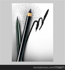 Eyeliner Pencils Creative Promo Banner Vector. Black Eye Linear Advertise And Blank Pencils On Advertising Poster. Girl Makeup Accessory For Eyebrow Or Eyelid Style Color Concept Template Illustration. Eyeliner Pencils Creative Promo Banner Vector
