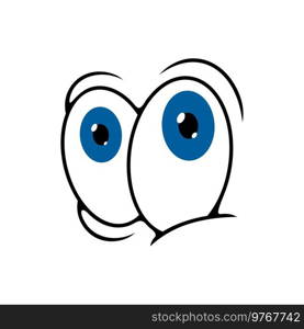 Eyes, cartoon face character and smile, vector comic emoticon icon. Doodle facial emotion with big blue googly eyes, emoji expression symbol. Cartoon face eyes, smile emoticon comic character