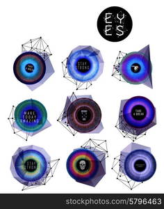 Eyes collection. Human pupil. Creative label and bubbles. low poly illustration