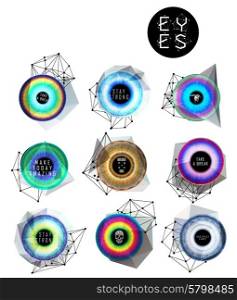 Eyes collection. Human pupil. Creative label and bubbles. low poly illustration