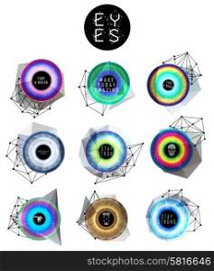 Eyes collection. Human pupil. Creative label and bubbles. low poly illustration