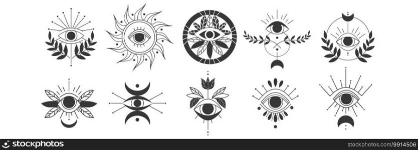 Eyes doodle set. Collection of hand drawn templates patterns of magic witchcraft eye talisman, magical esoteric religion sacred geometry symbols. Amulet talisman or various luck souvenir illustration.. Eyes doodle set