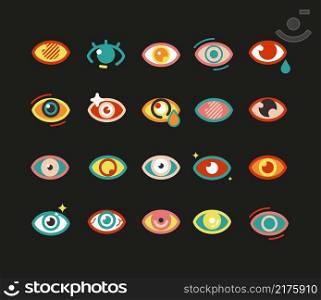 Eyes icons. Colorful eye symbol, abstract vision bright signs. Isolated human occult elements vector set. Eye look and eyeball focus optic illustration. Eyes icons. Colorful eye symbol, abstract vision bright signs. Isolated human occult elements vector set