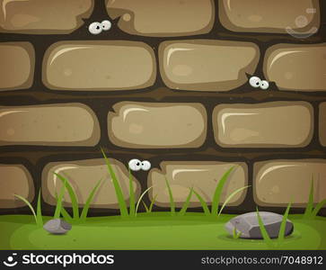 Eyes Inside Rural Stone Wall. Illustration of a cartoon rural stone wall background, with bricks of rock, grass leaves and lawn, and mouse eyes inside holes