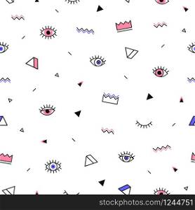Eyes pattern with crown and geometric shapes in memphis style. Minimal design. Closed and open eyes. Triangle, zigzag and other graphic elements. Line art. Fashion background in 90s 80s. Eyes pattern with crown and geometric shapes in memphis style. Minimal design. Closed and open eyes. Triangle, zigzag and other graphic elements. Line art. Fashion background in 90s 80s.