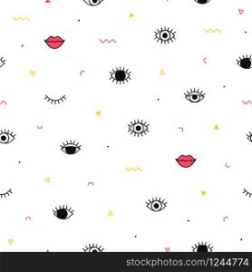 Eyes pattern with lips and geometric shapes in memphis style. Fashion background in 80s. Minimal design. Closed and open eyes. Triangle, zigzag. Line art. Eyes pattern with lips and geometric shapes in memphis style. Fashion background in 80s. Minimal design. Closed and open eyes. Triangle, zigzag. Line art.