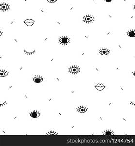 Eyes pattern with lips and geometric shapes in memphis style. Fashion background. Minimal design. Closed and open eyes. Line art. Eyes pattern with lips and geometric shapes in memphis style. Fashion background. Minimal design. Closed and open eyes. Line art.