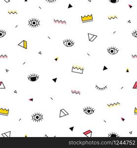 Eyes pattern with yellow crown and geometric shapes in memphis style. Minimal design. Closed and open eyes. Triangle, zigzag and other graphic elements. Line art. Fashion background in 90s 80s. Eyes pattern with yellow crown and geometric shapes in memphis style. Minimal design. Closed and open eyes. Triangle, zigzag and other graphic elements. Line art. Fashion background in 90s 80s.