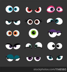 Eyes Set vector illustration. Funny comic monster eyes isolated on gray. Angry and scared, cunning and plaintive. Eyes Set vector illustration. Funny comic monster eyes