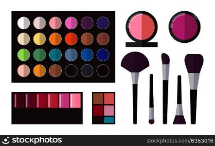 Eyeshadows collection, poster with palette of colors and tons, set of brushes and powders, cosmetics vector illustration isolated on white background. Eyeshadows Collection Poster, Vector Illustration