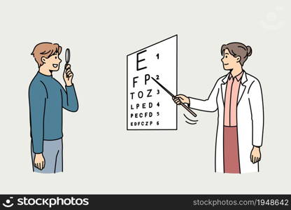 Eyesight check and healthcare concept. Young woman doctor in uniform standing showing letters to man patient examining his vision vector illustration. Eyesight check and healthcare concept.