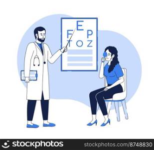 Eyesight checkup 2D vector isolated linear illustration. Thin line flat characters on cartoon background. Colorful editable scene for mobile, website, presentation. Quicksand font used. Eyesight checkup 2D vector isolated linear illustration