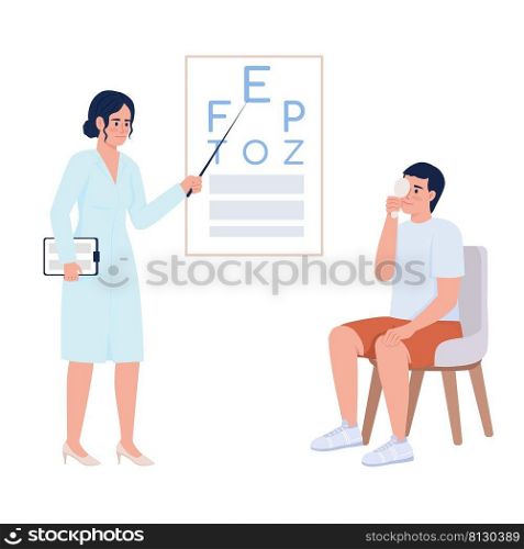 Eyesight checkup with doctor semi flat color vector characters. Posing figured. Full body people on white. Simple cartoon style illustration for web graphic design and animation. Comfortaa font used. Patient undergoing eyesight checkup with doctor semi flat color vector characters