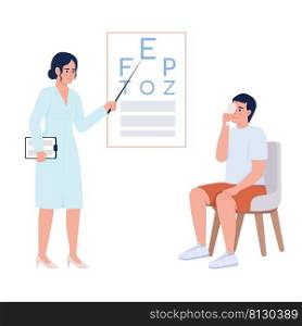 Eyesight checkup with doctor semi flat color vector characters. Posing figured. Full body people on white. Simple cartoon style illustration for web graphic design and animation. Comfortaa font used. Patient undergoing eyesight checkup with doctor semi flat color vector characters