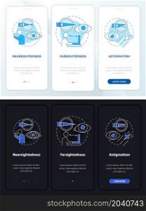Eyesight operation white, black onboarding mobile app page screen. Surgery walkthrough 3 steps graphic instructions with concepts. UI, UX, GUI vector template with linear night, day mode illustrations. Eyesight operation white, black onboarding mobile app page screen