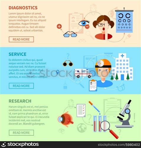 Eyesight Problems Banners Set . Eyesight problems horizontal banners set with diagnostics service and research symbols flat isolated vector illustration