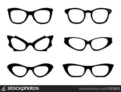Eyglasses. Black silhouettes of eyeglass frames in the style of the 1960s. Front view. Flat vector.