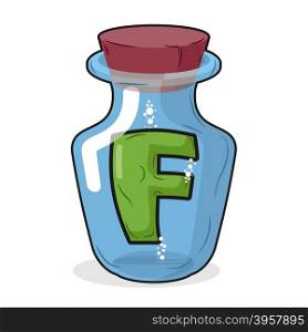 F in bottle for experiments. Letter in vessel. Laboratory research vessel. Vector illustration letter f for chemical tests.