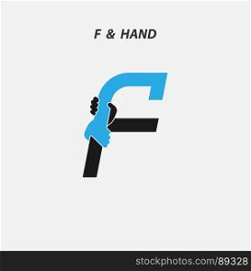 F - Letter abstract icon & hands logo design vector template.Itaic style.Business offer,partnership symbol.Hope,help concept.Support,teamwork sign.Corporate business & education logotype symbol.Vector illustration
