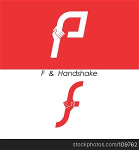 F - Letter abstract icon & hands logo design vector template.Teamwork and Partnership concept.Business offer and Deal symbol.Vector illustration
